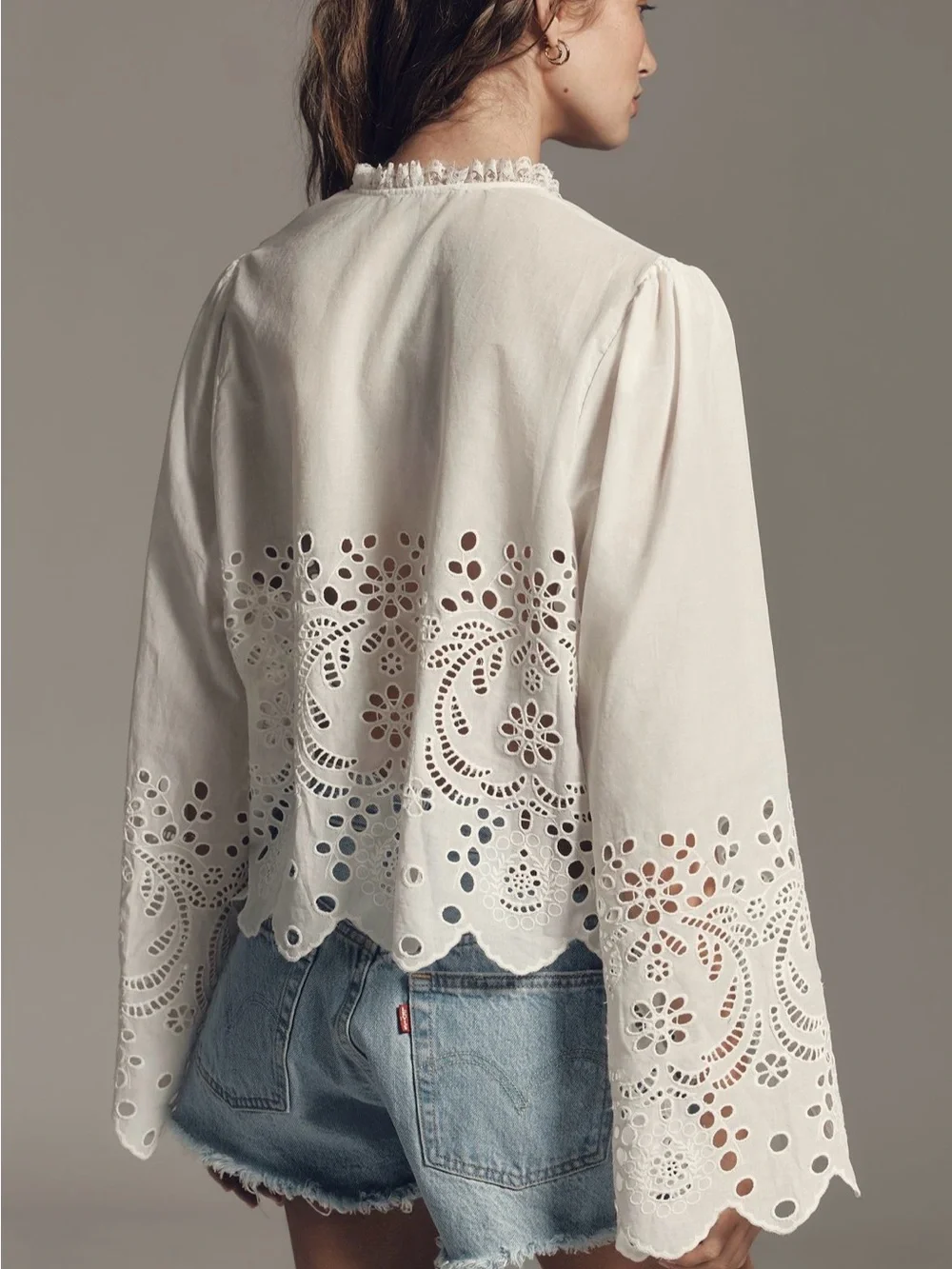 By Anthropologie Eyelet Tie-Front Long-Sleeve Blouse